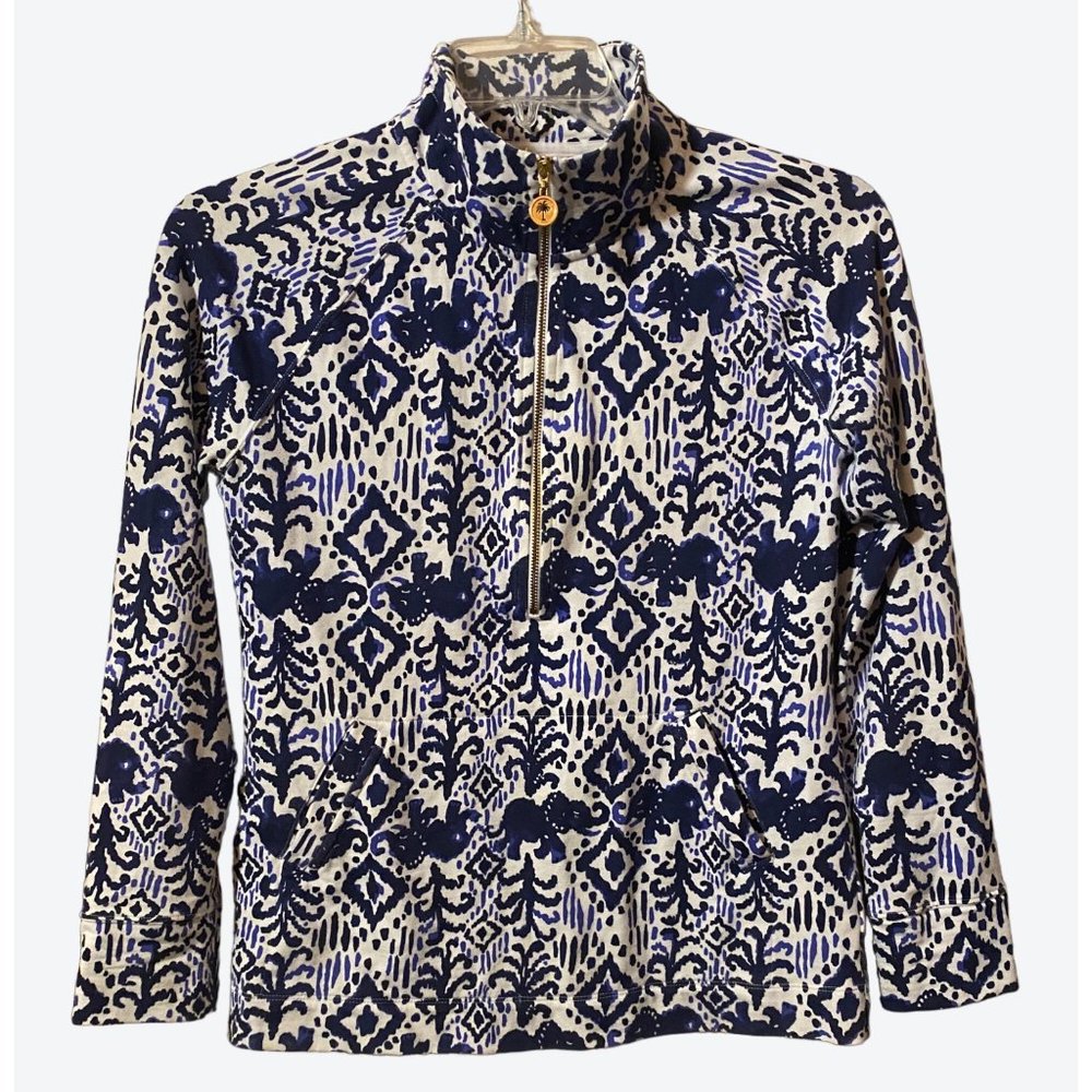 Lilly Pulitzer Women's Small 1/2 Zip Elephant Pattern Top Navy White